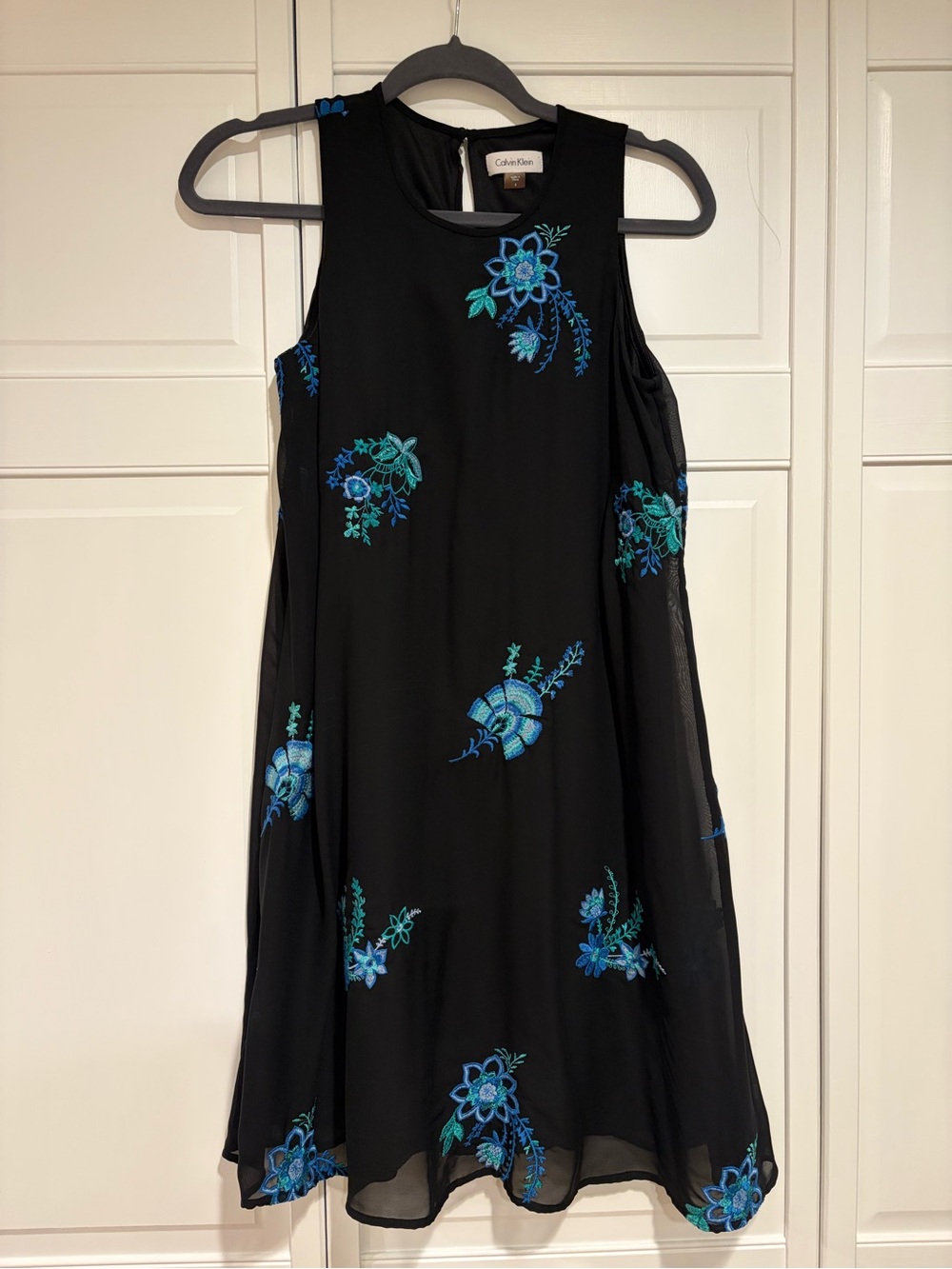 Calvin Klein Black Mini Dress with Blue & Teal Floral Embroidery